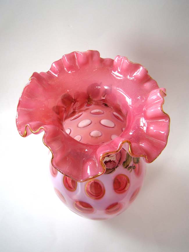 A Fabulous vintage Charleston Fenton coin dot overlay cranberry glass vase — image 2